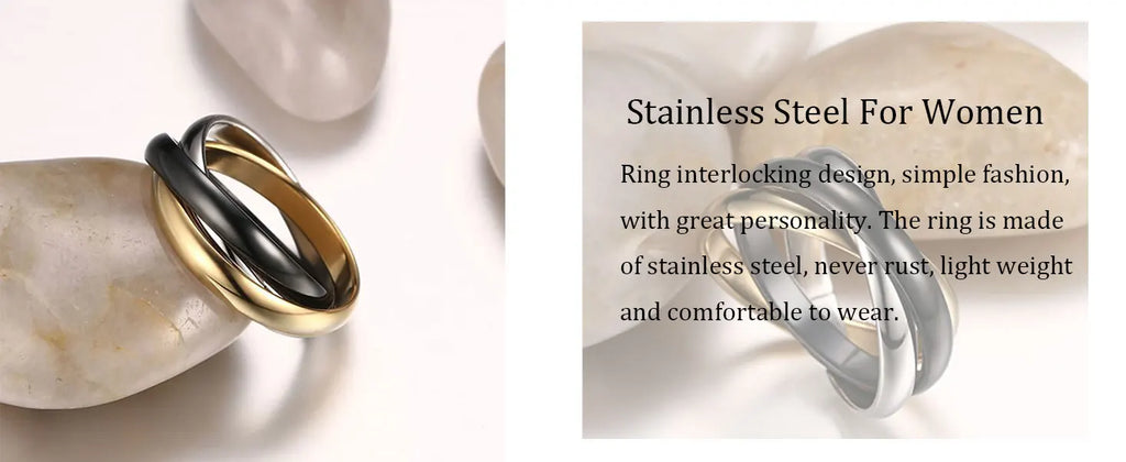 Stainless Steel Interlocked Triple Ring for Women Multi Color Wedding Band Bague Three in One