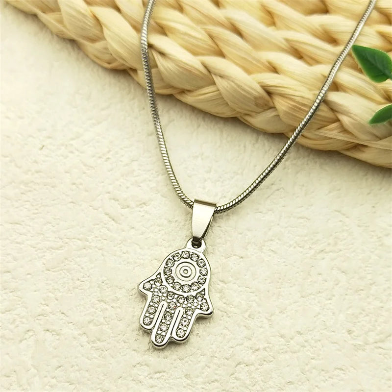 Evil Eye Fatima Hand Pendant Necklace For Women Girls Stainless Steel Gold Color Rhinestone Turkish Chain Jewelry Gifts Collar