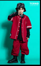 Kids Teenage Streetwear Hip Hop Clothing Red Shirt Tops Casual Cargo Jogger Pants For Girl Boy Jazz Dance Costume Rave Clothes