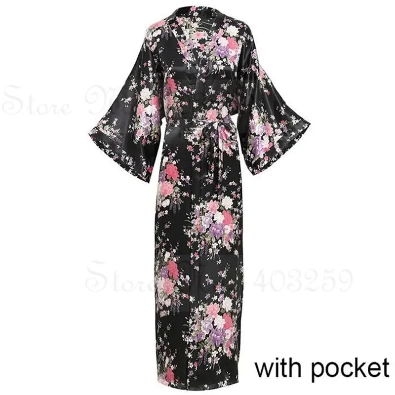 Women Long Robe Kimono Bathrobe Gown with Pockets Sexy Wedding Bride Bridesmaid Dressing Gown Oversize Satin Homewear Loungewear