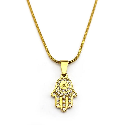Evil Eye Fatima Hand Pendant Necklace For Women Girls Stainless Steel Gold Color Rhinestone Turkish Chain Jewelry Gifts Collar