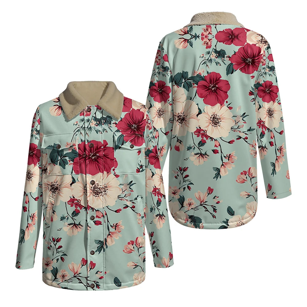 Elegant Floral Print Long Sleeve Coat with Soft Faux Fur Collar Perfect for Spring and Autumn Casual Fashion and Daily Outerwear