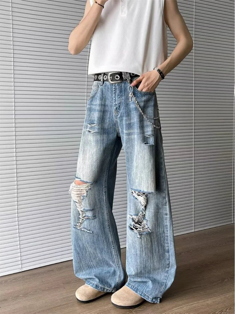 2025 Trashy Y2K Streetwear Washed Blue Baggy Ripped Jeans Pants For Men 90S Vintage Clothes Straight Distressed Denim Trousers