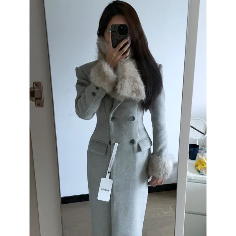 Korean Fashion Women Casual Loose Woolen Coat Elegant and Chic Solid Outerwear Long Overcoat Female Warm Cloak