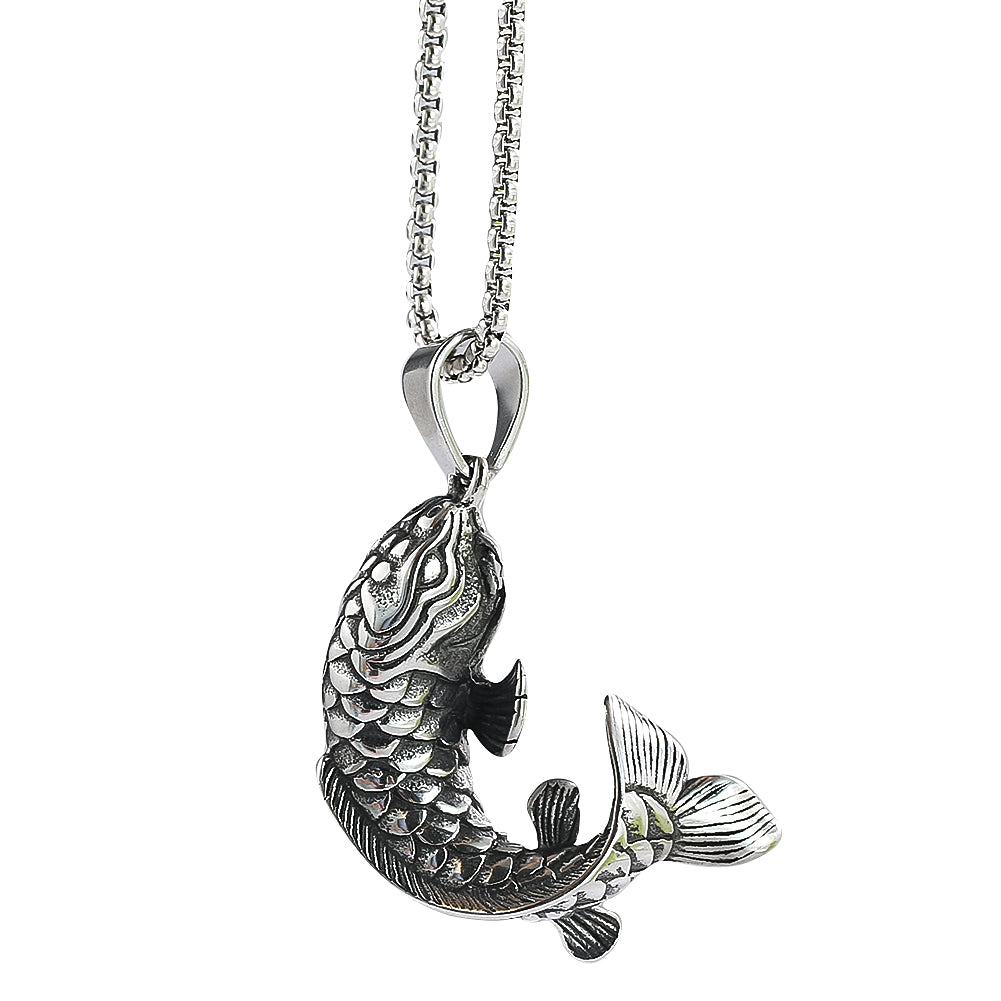 Fortune Koi Fish Necklace for Men Women Good Luck Wealth Retro Jumping Carp Pendant Stainless Steel Jewelry Best Gifts
