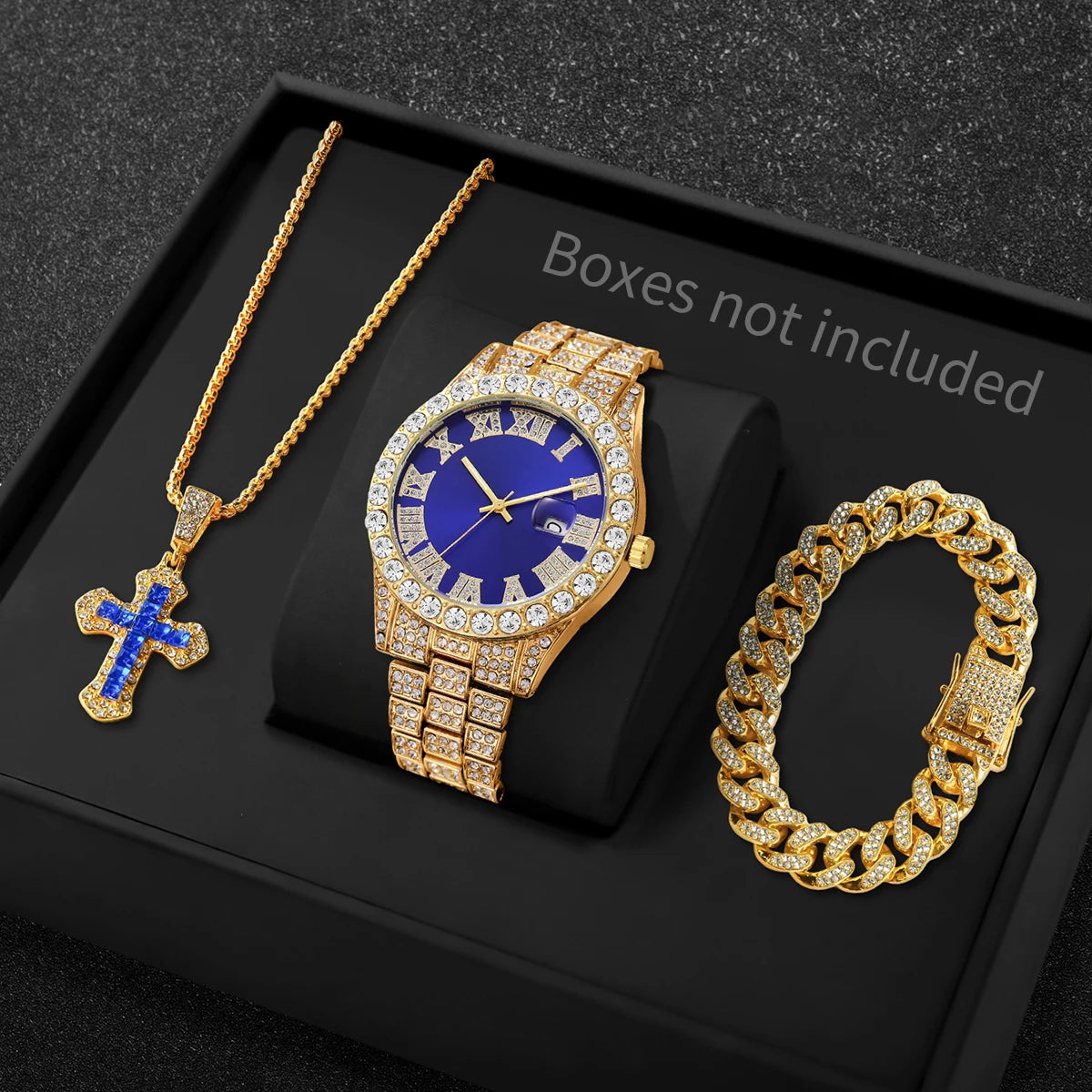 3PCS/Set Luxury Full Diamond Men Quartz Watches Fashion Hip Pop Mens Calendar Wristwatch Bracelet Necklace Set (Without Box)