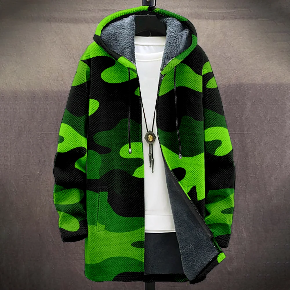 Men's Camouflage Hooded Coat with Fleece Lining Cold Weather Warm Jacket for Autumn Winter Outdoor Streetwear Fashion Trend