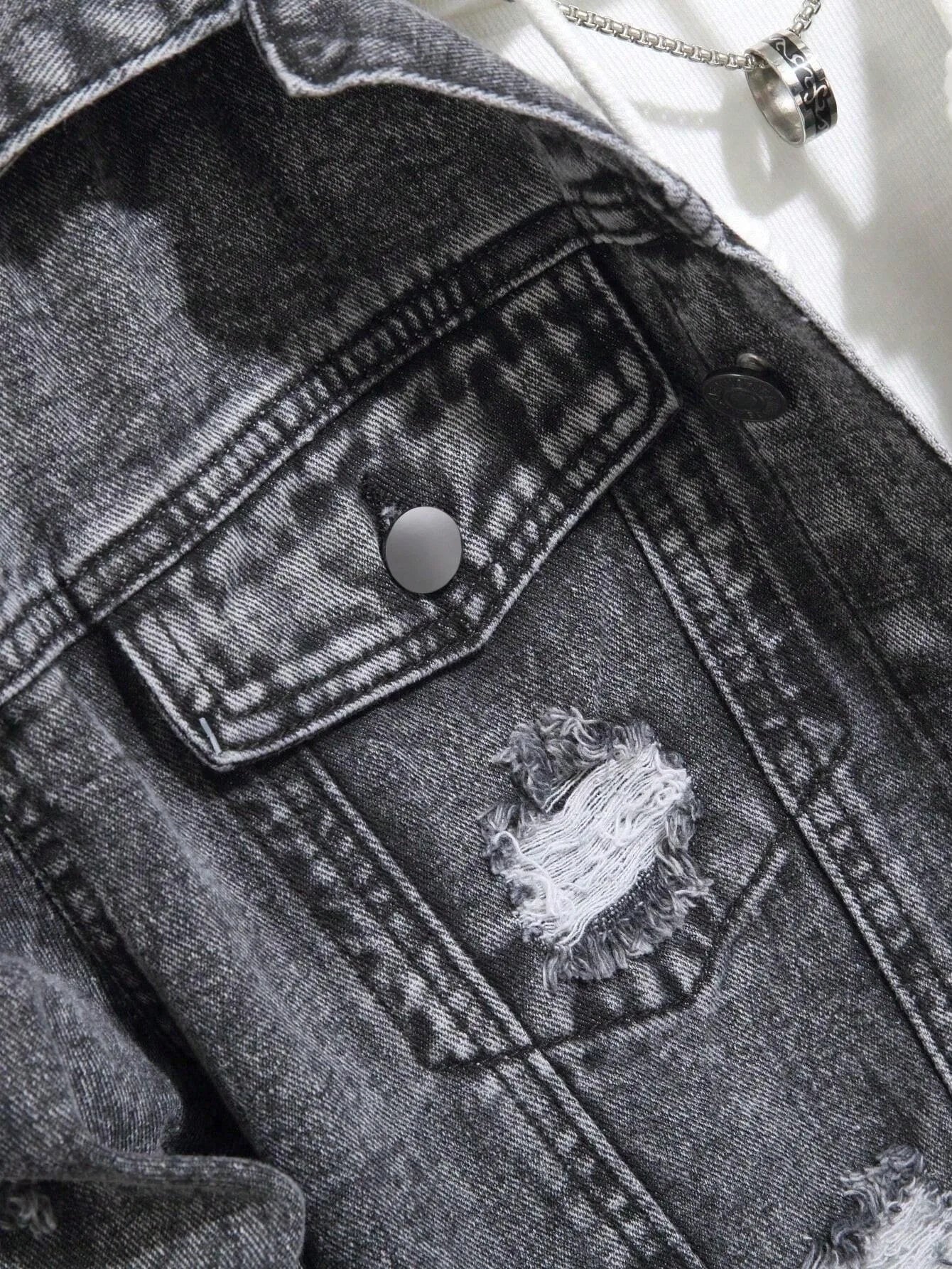 1Pc Y2Kmen's Four Seasons Destroyed Stone Washed Light Jacket Daily American Street Casual Denim Jacket (No Hood/No Accessories)