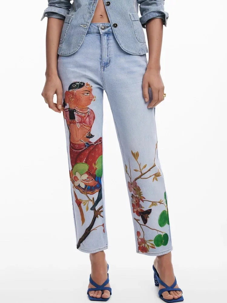 European, American, Spanish original single women's jeans, contrasting color print, elastic casual designer style cropped pants