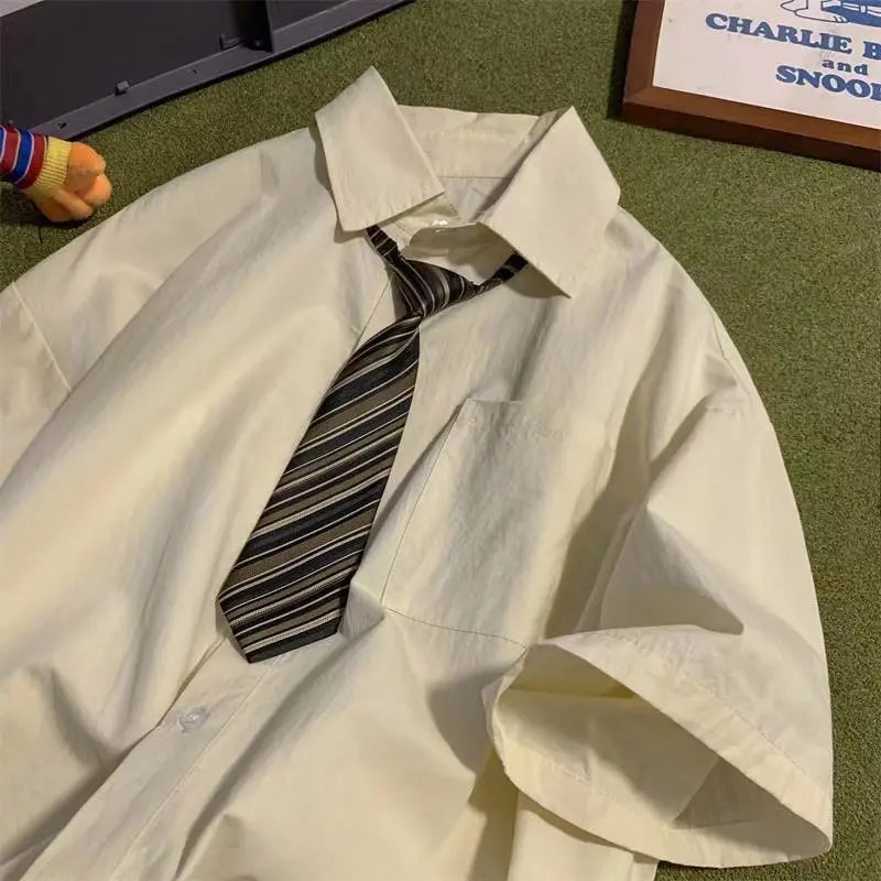 Short-sleeved Work Shirt Men's Summer Tie Handsome High-end Fashion Brand Trendy Couple College Style