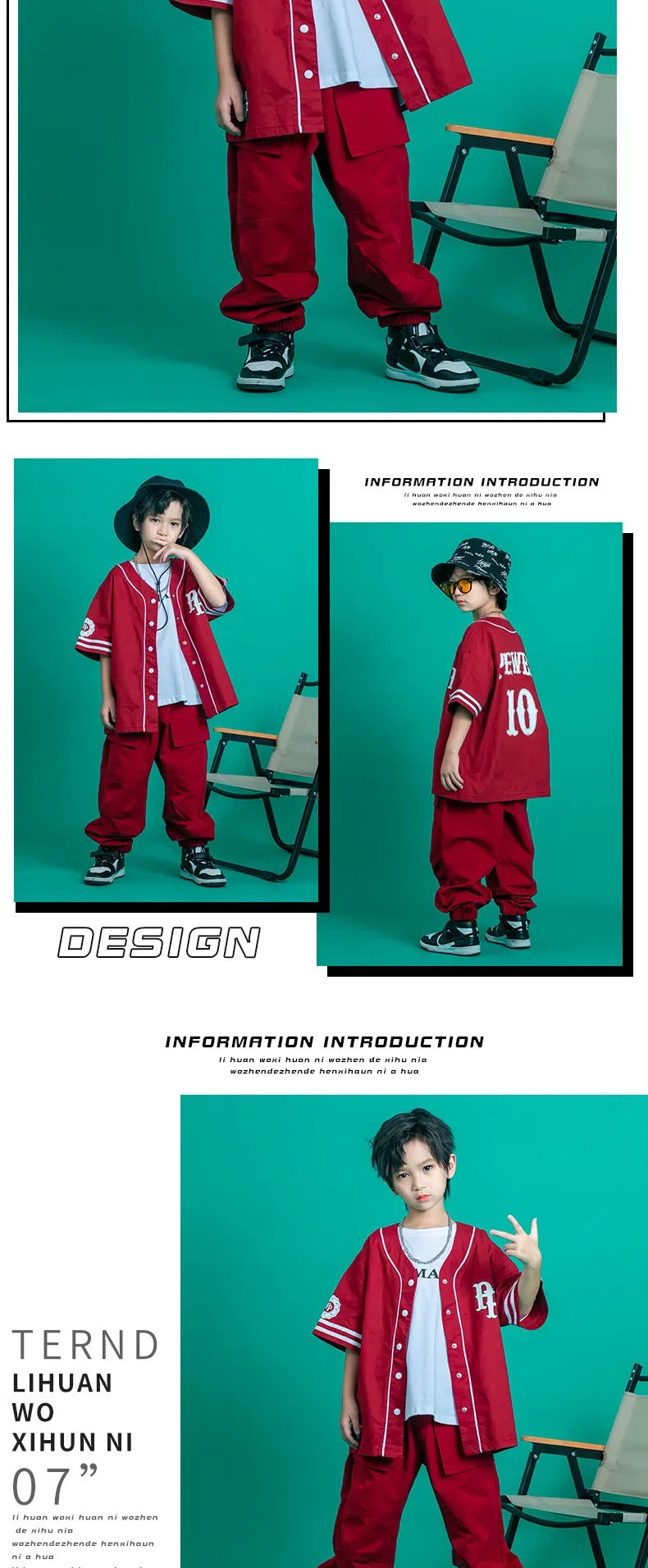 Kids Teenage Streetwear Hip Hop Clothing Red Shirt Tops Casual Cargo Jogger Pants For Girl Boy Jazz Dance Costume Rave Clothes