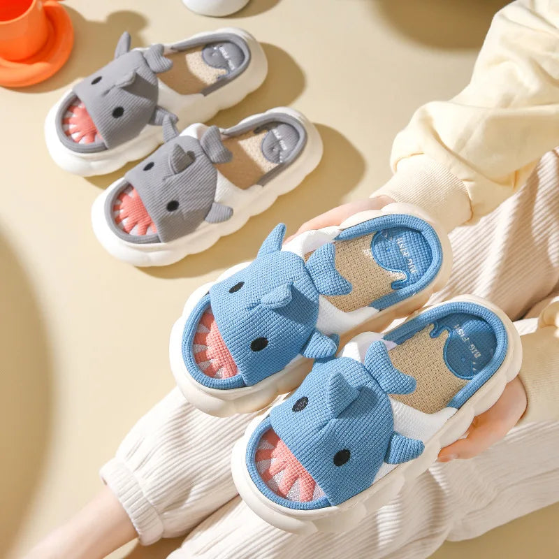 Four Seasons Women Shark Linen Slippers Men Cute Animal Sandals Adults Indoor Bedroom Cartoon Slides Couples Outdoor Flip Flops