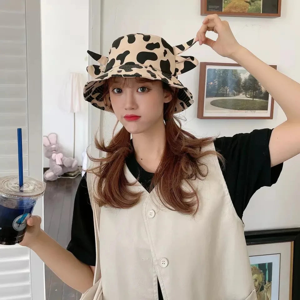 New Bucket Hats for Women Horns Cow Pattern Fashion Fisherman's hat Four Seasons Sun Hat Outdoor Beach Cap Bob Ladies Panama Hat