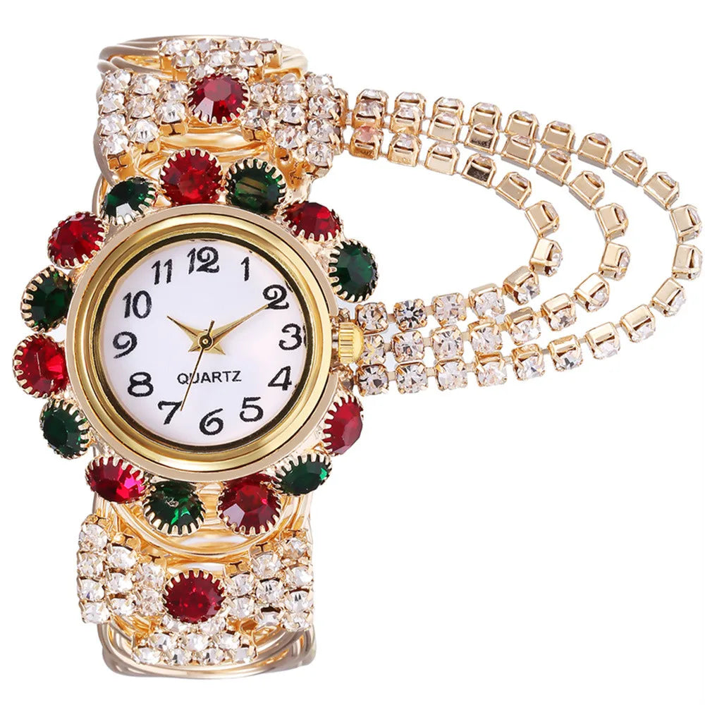 Trendy Leisure Women’s Watch Chic Gold Hollow Design Quartz Watch Stylish Red White Rhinestone Bangle Wristwatch