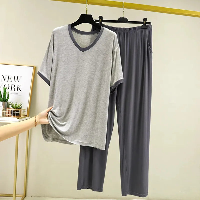 Pyjama Pour Femme New Short Sleeve Trousers 2 Piece Suit Modal Sleepwear Pajamas Set V Neck Plus Size Night Pijamas Women 6XL