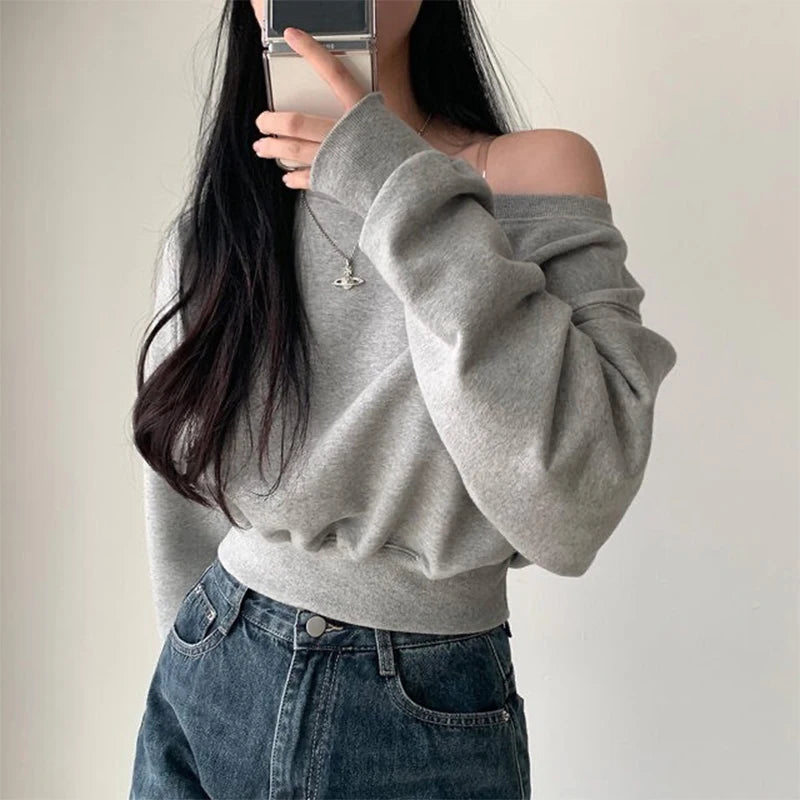 Korean Streetwear Off-shoulder Long Sleeve Loose Casual Cropped Sweatshirt For Women