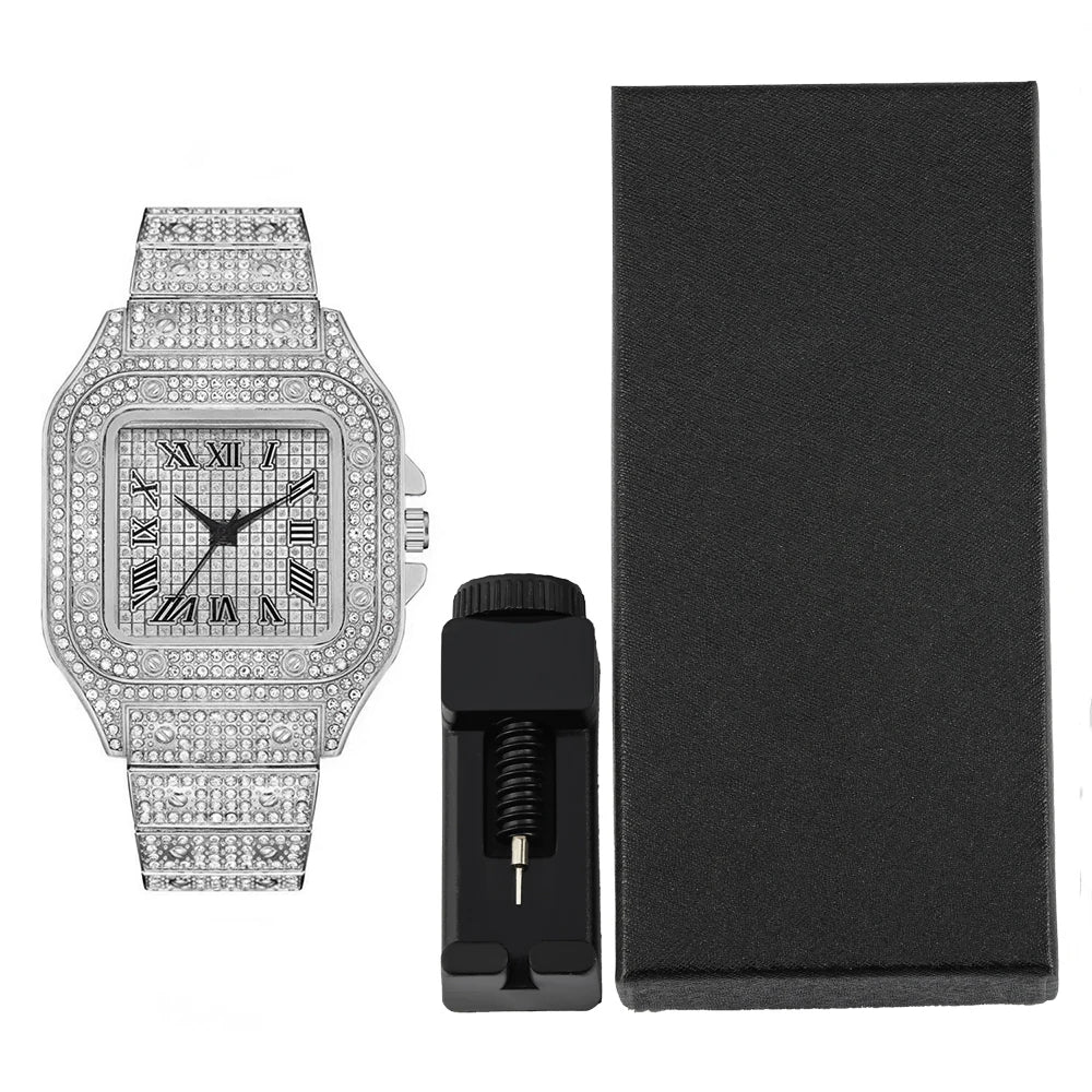 Hip-hop Punk Quartz Watch Stylish Full Diamonds Watch 2 Styles to Choose Bundled Size Adjuster Men Women Party Jewelry Gift Box
