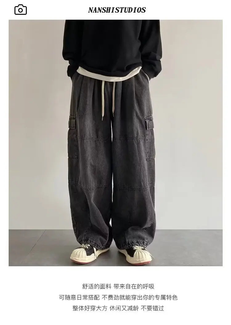 New Hip Hop Trend Baggy Cargo Pants for Men Women Japanese Streetwear Style Plus Size Joggers Washed Denim Loose Fit Trousers