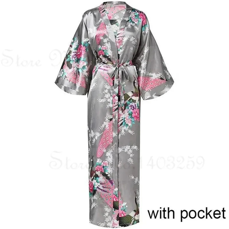 Women Long Robe Kimono Bathrobe Gown with Pockets Sexy Wedding Bride Bridesmaid Dressing Gown Oversize Satin Homewear Loungewear