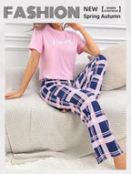 Women's Pajamas Set Casual Home Clothes Soft Comfortable Crew Neck T-Shirt & Plaid Pants Sleepwear Piece Loungewear Pyjama Femme