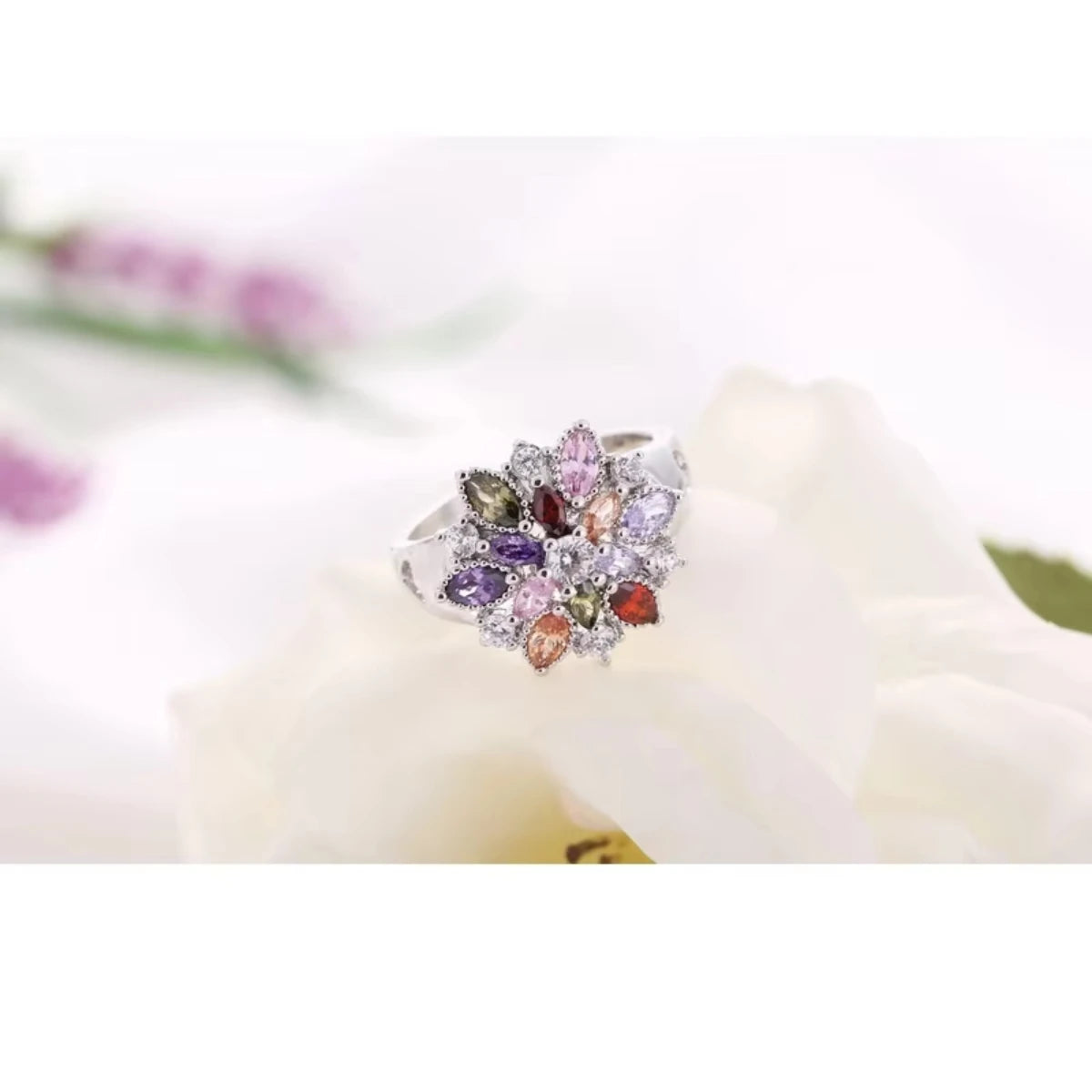 Ring Fashion  Jewelry Colourful Cubic Zirconia Flower Design Cute Style Women Girls Party Engagement