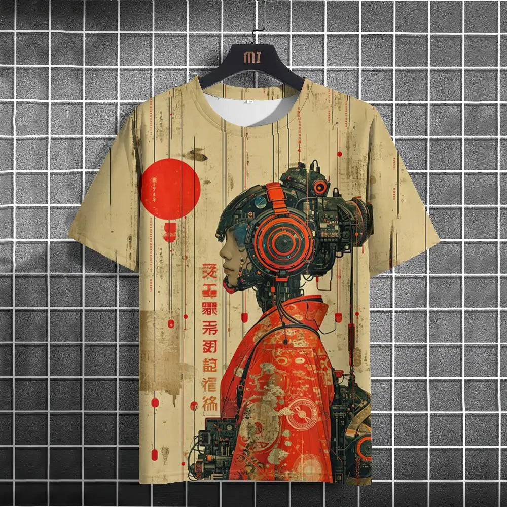 Japanese T-Shirt For Men Mechanical Character Graphic T Shirts Short Sleeve Printing Tees Outdoor Oversized Men's Clothing Tops