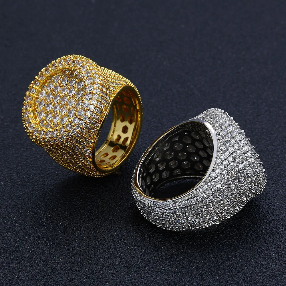 Hip Hop Iced out Diamond Round Ring Full Pave Big Circle Honeycomb Brilliant Cut CZ Brass Rings Jewelry Men Women Gift