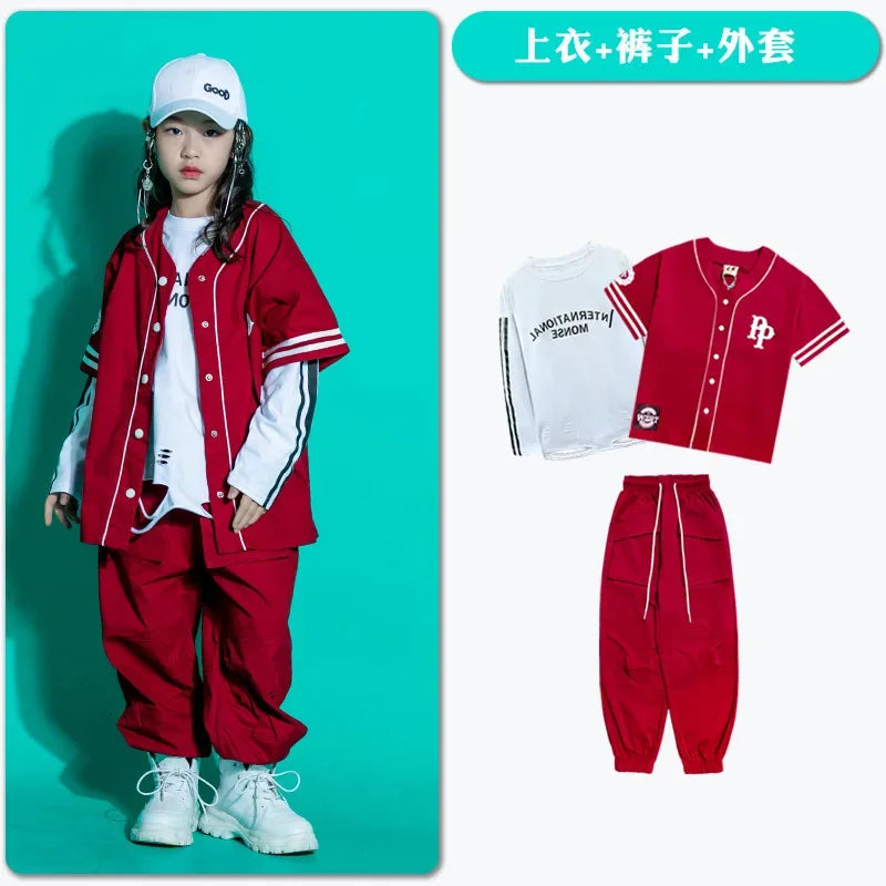 Kids Teenage Streetwear Hip Hop Clothing Red Shirt Tops Casual Cargo Jogger Pants For Girl Boy Jazz Dance Costume Rave Clothes