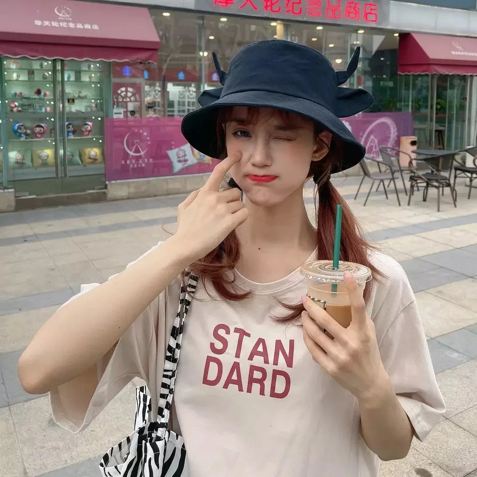 New Bucket Hats for Women Horns Cow Pattern Fashion Fisherman's hat Four Seasons Sun Hat Outdoor Beach Cap Bob Ladies Panama Hat