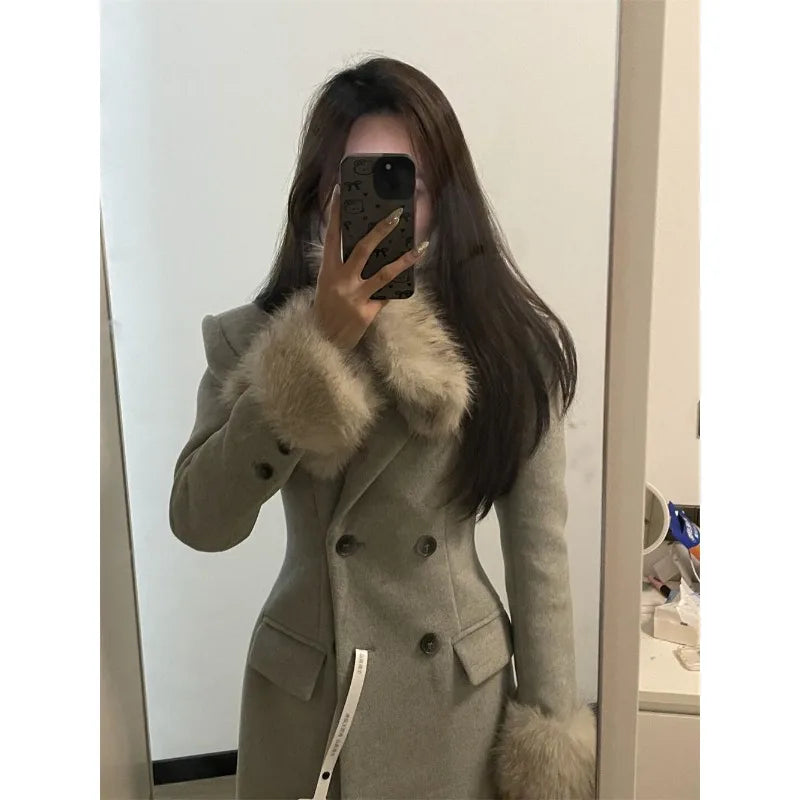 Korean Fashion Women Casual Loose Woolen Coat Elegant and Chic Solid Outerwear Long Overcoat Female Warm Cloak