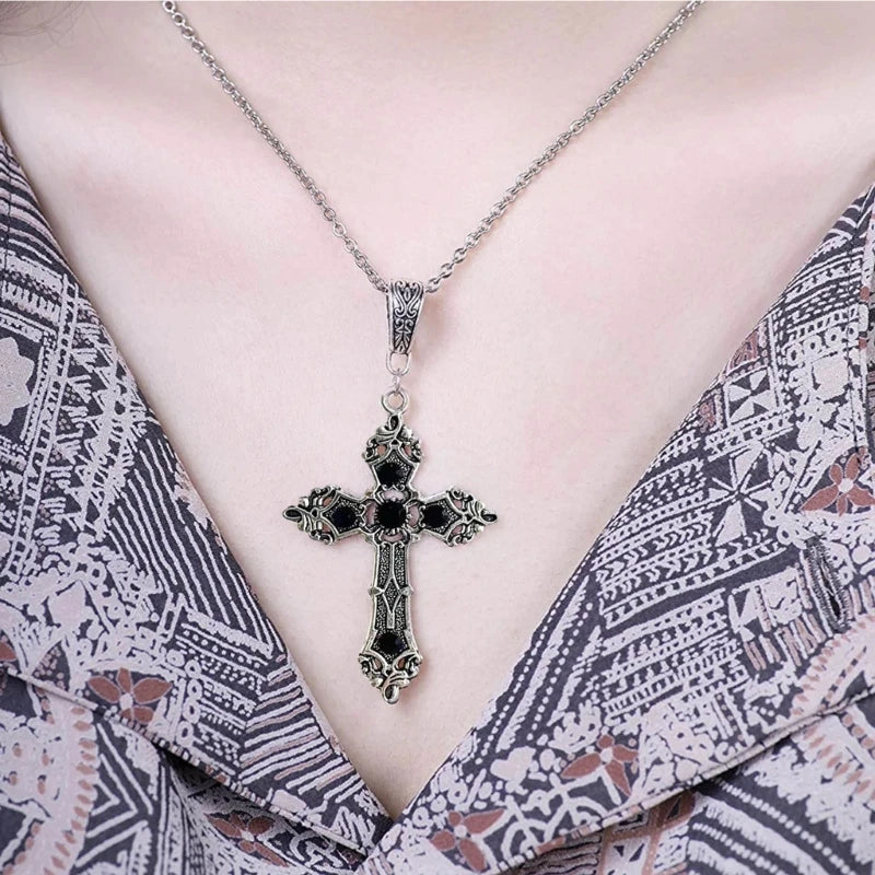 European and American Cross Necklace Gemstones Neck Chain Large Crosses Pendant Religious Jewelry Women Choker Neckchain