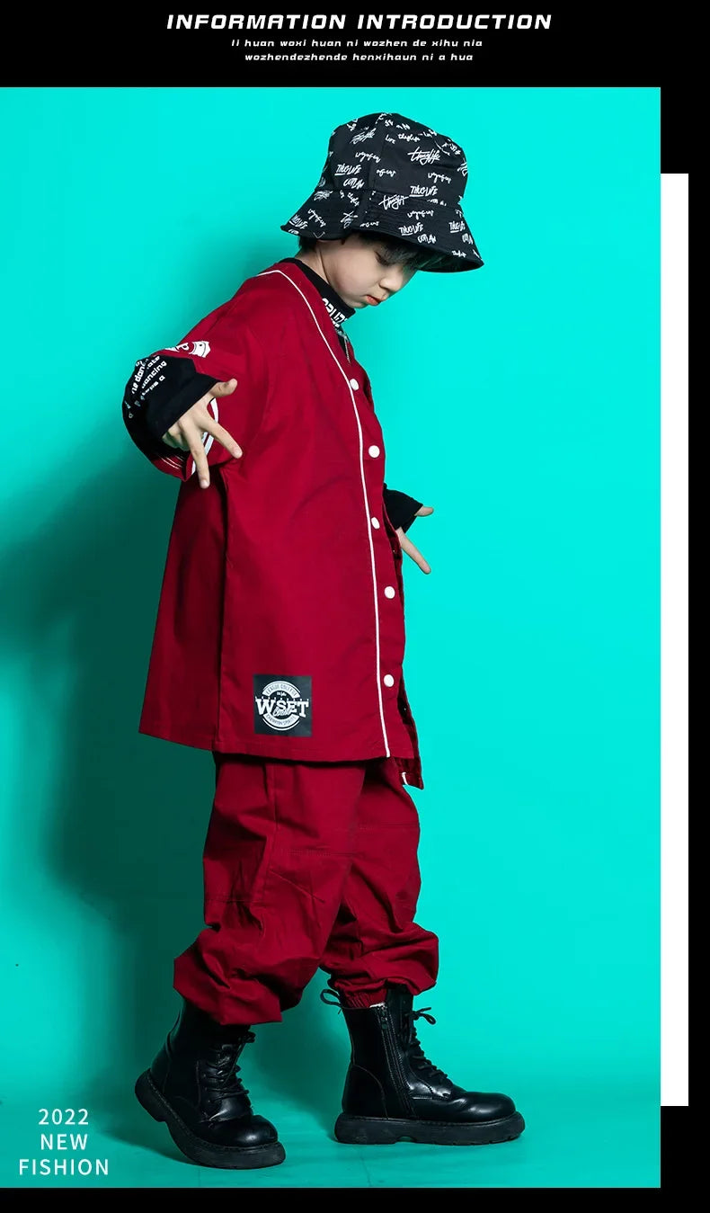 Kids Teenage Streetwear Hip Hop Clothing Red Shirt Tops Casual Cargo Jogger Pants For Girl Boy Jazz Dance Costume Rave Clothes