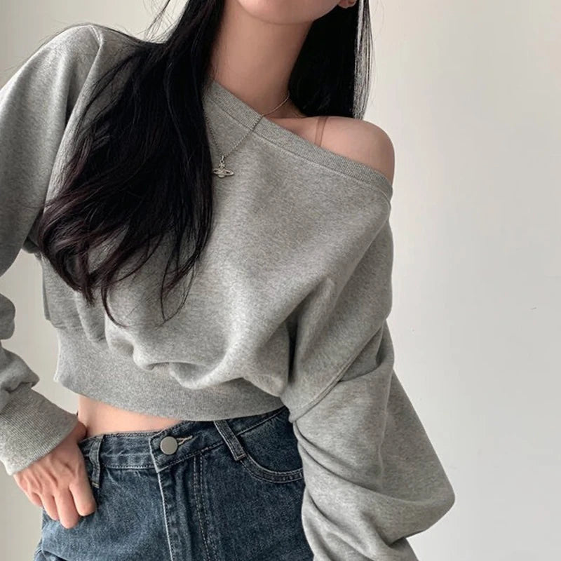 Korean Streetwear Off-shoulder Long Sleeve Loose Casual Cropped Sweatshirt For Women