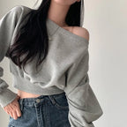 Korean Streetwear Off-shoulder Long Sleeve Loose Casual Cropped Sweatshirt For Women