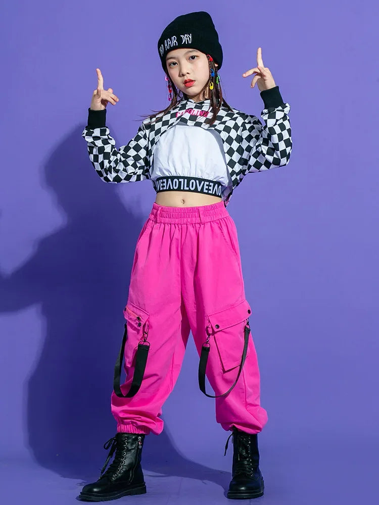 Kids Teenage Streetwear Hip Hop Clothing Red Shirt Tops Casual Cargo Jogger Pants For Girl Boy Jazz Dance Costume Rave Clothes