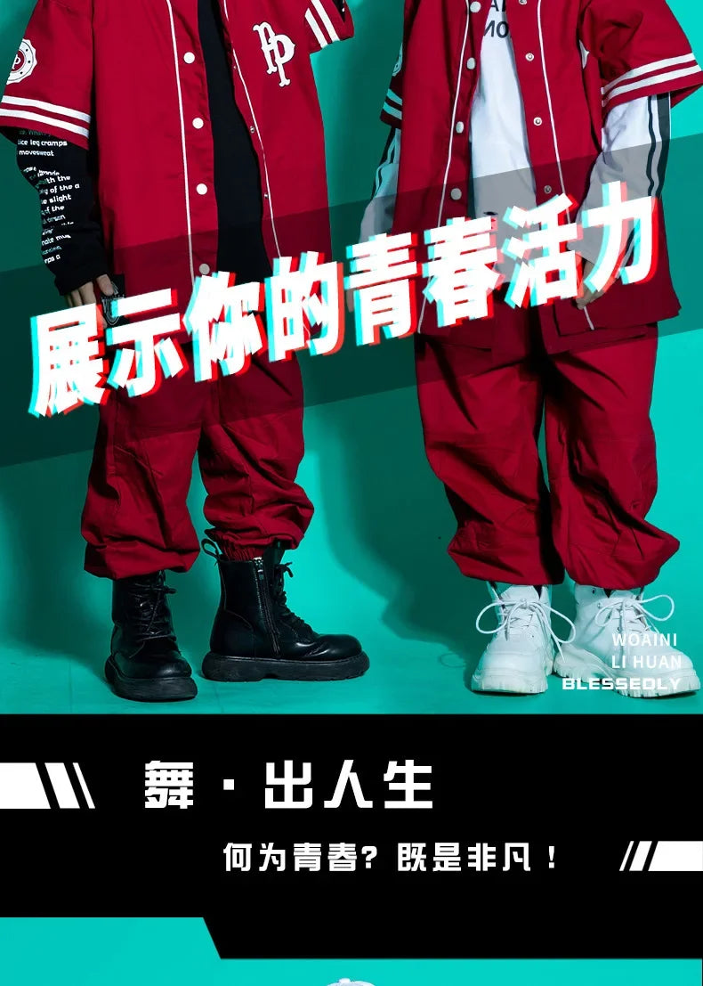 Kids Teenage Streetwear Hip Hop Clothing Red Shirt Tops Casual Cargo Jogger Pants For Girl Boy Jazz Dance Costume Rave Clothes