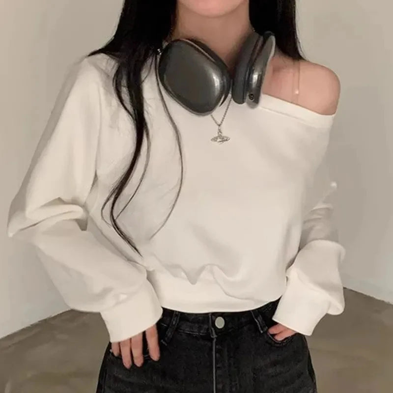 Korean Streetwear Off-shoulder Long Sleeve Loose Casual Cropped Sweatshirt For Women