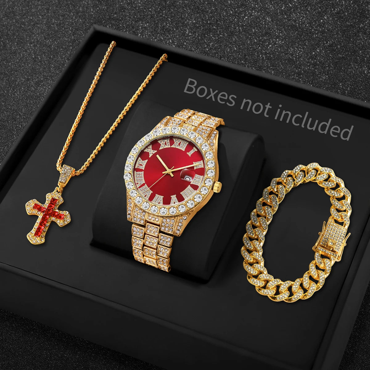 3PCS/Set Luxury Full Diamond Men Quartz Watches Fashion Hip Pop Mens Calendar Wristwatch Bracelet Necklace Set (Without Box)