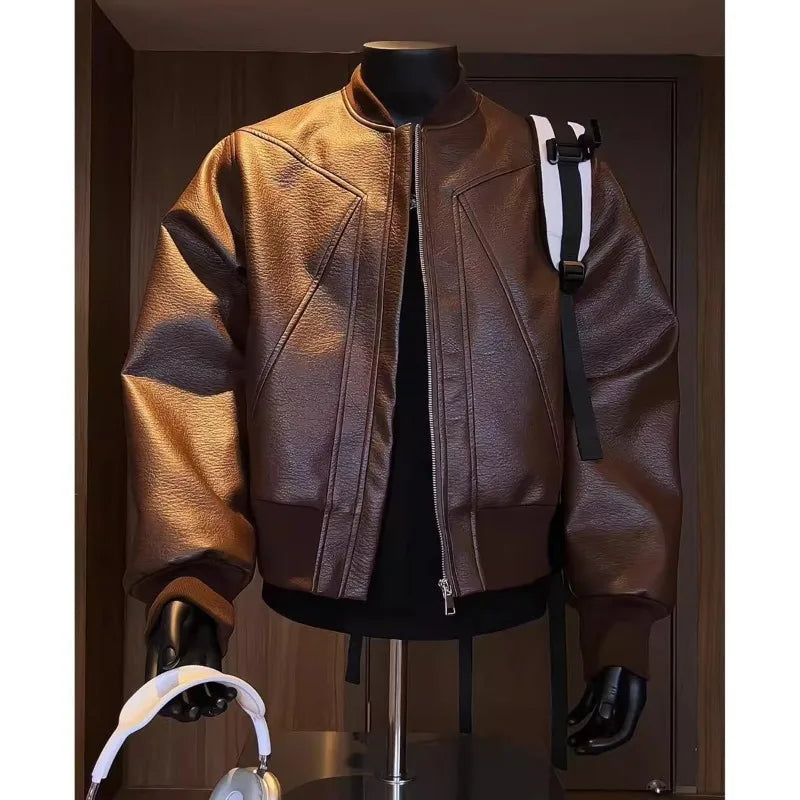 American Retro Leather Jacket Men's Autumn Design Workwear Jacket Outdoor Cycling Motorcycle Baseball Jacket