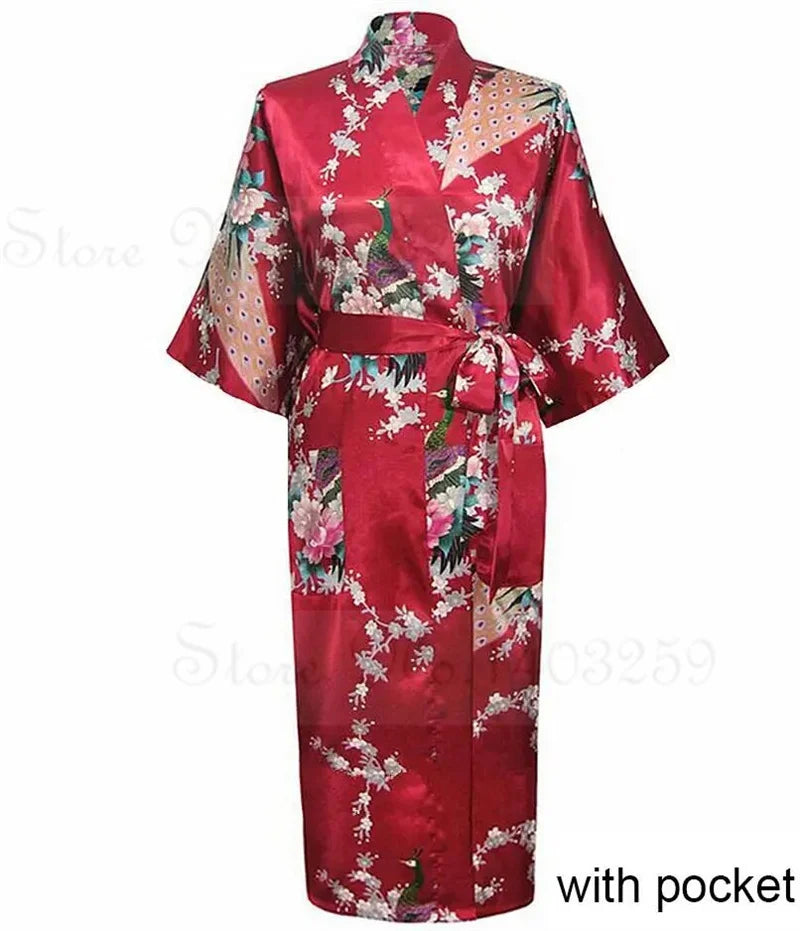 Women Long Robe Kimono Bathrobe Gown with Pockets Sexy Wedding Bride Bridesmaid Dressing Gown Oversize Satin Homewear Loungewear