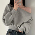 Korean Streetwear Off-shoulder Long Sleeve Loose Casual Cropped Sweatshirt For Women