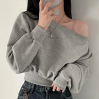 Korean Streetwear Off-shoulder Long Sleeve Loose Casual Cropped Sweatshirt For Women