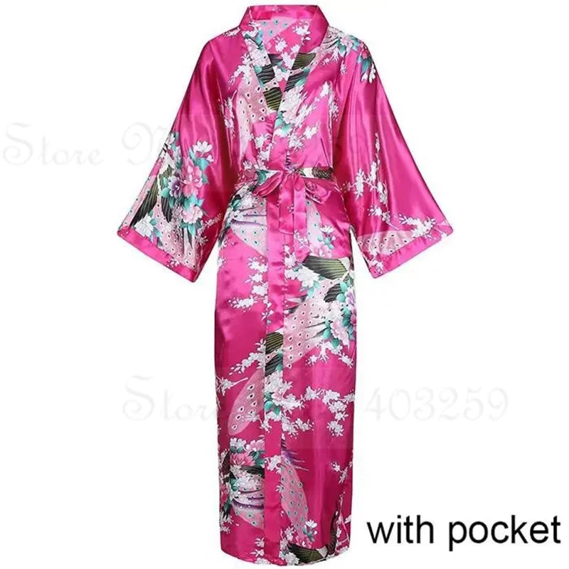 Women Long Robe Kimono Bathrobe Gown with Pockets Sexy Wedding Bride Bridesmaid Dressing Gown Oversize Satin Homewear Loungewear