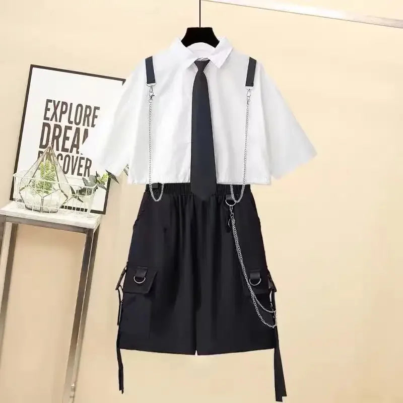 2025 Spring Streetwear Cargo Shorts Sets High Waist Joggers Women 2 Piece Short Sleeve Top with Casual Trousers