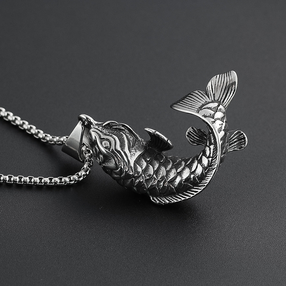 Fortune Koi Fish Necklace for Men Women Good Luck Wealth Retro Jumping Carp Pendant Stainless Steel Jewelry Best Gifts