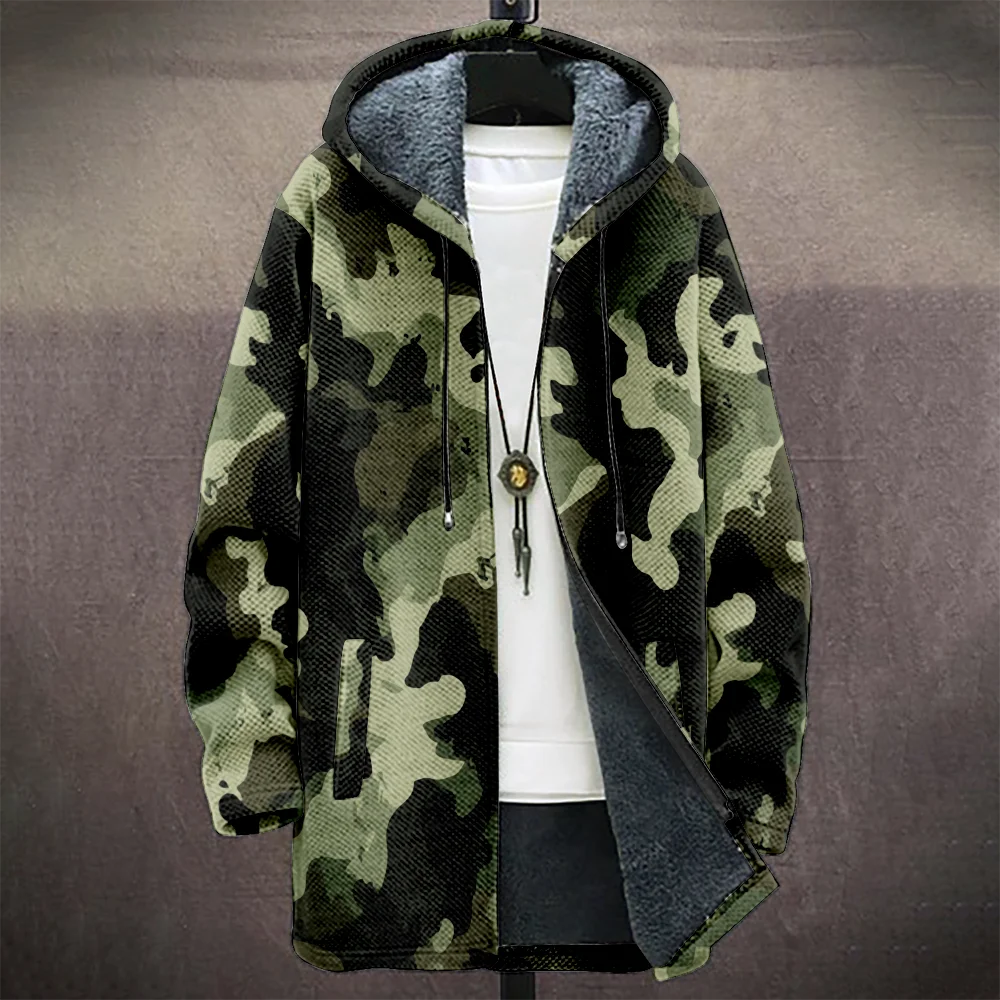 Men's Camouflage Hooded Coat with Fleece Lining Cold Weather Warm Jacket for Autumn Winter Outdoor Streetwear Fashion Trend