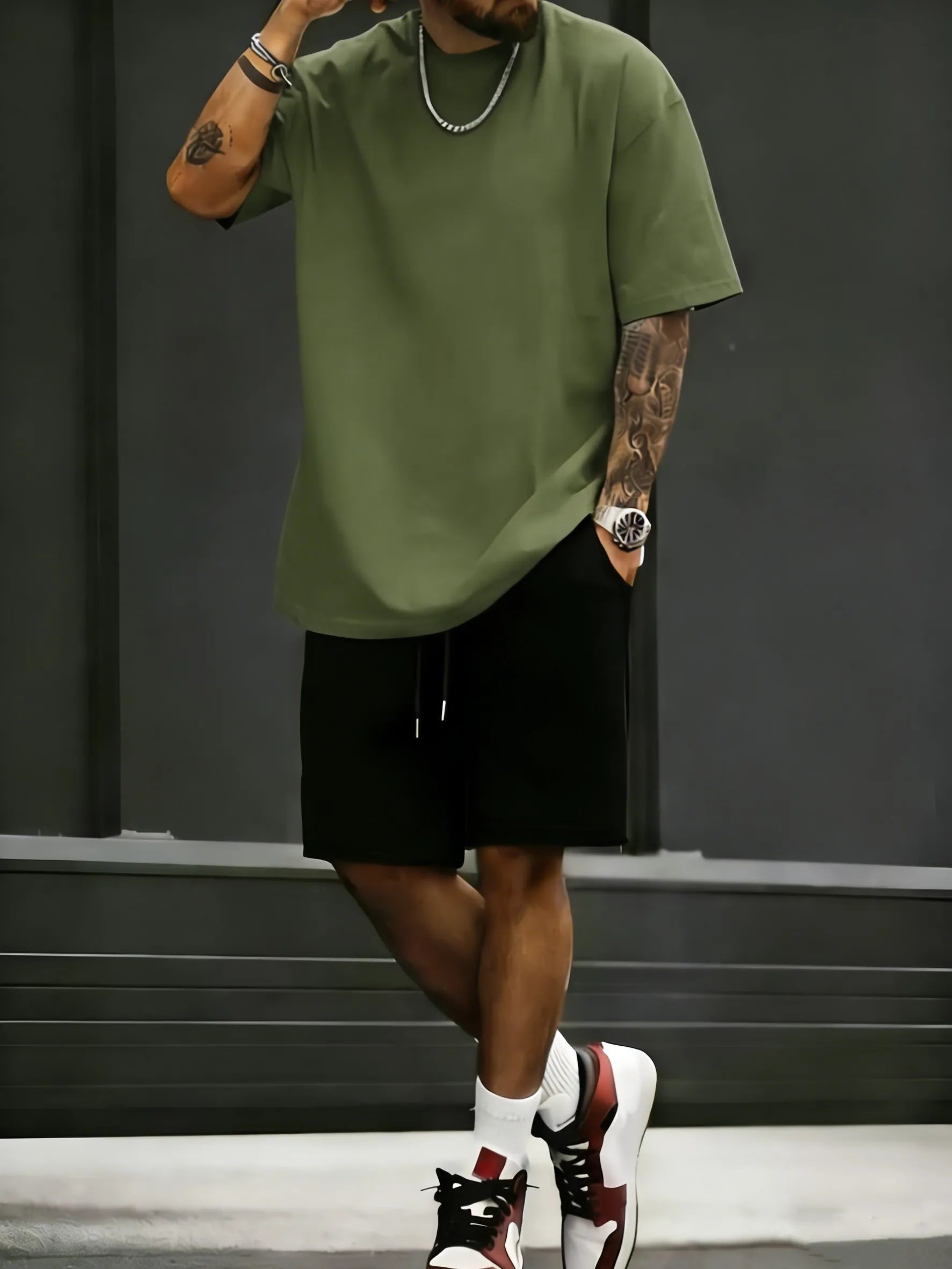 Summer Cotton Street T-Shirt Suit Men Oversize Daily Shorts Gym Loose Sportswear Trendy Hip Hop Clothes Sport Pocket Short Pants