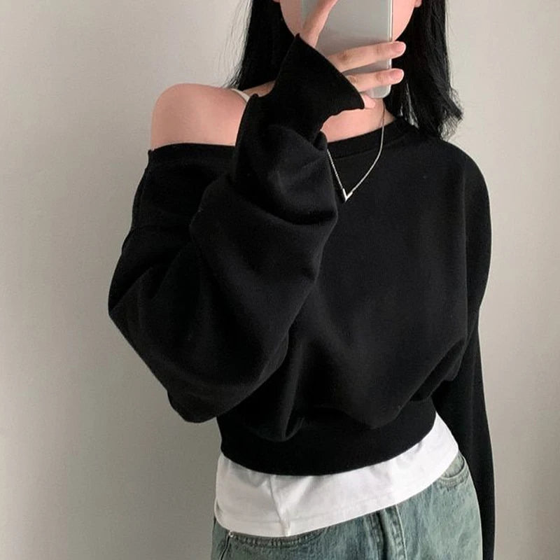 Korean Streetwear Off-shoulder Long Sleeve Loose Casual Cropped Sweatshirt For Women