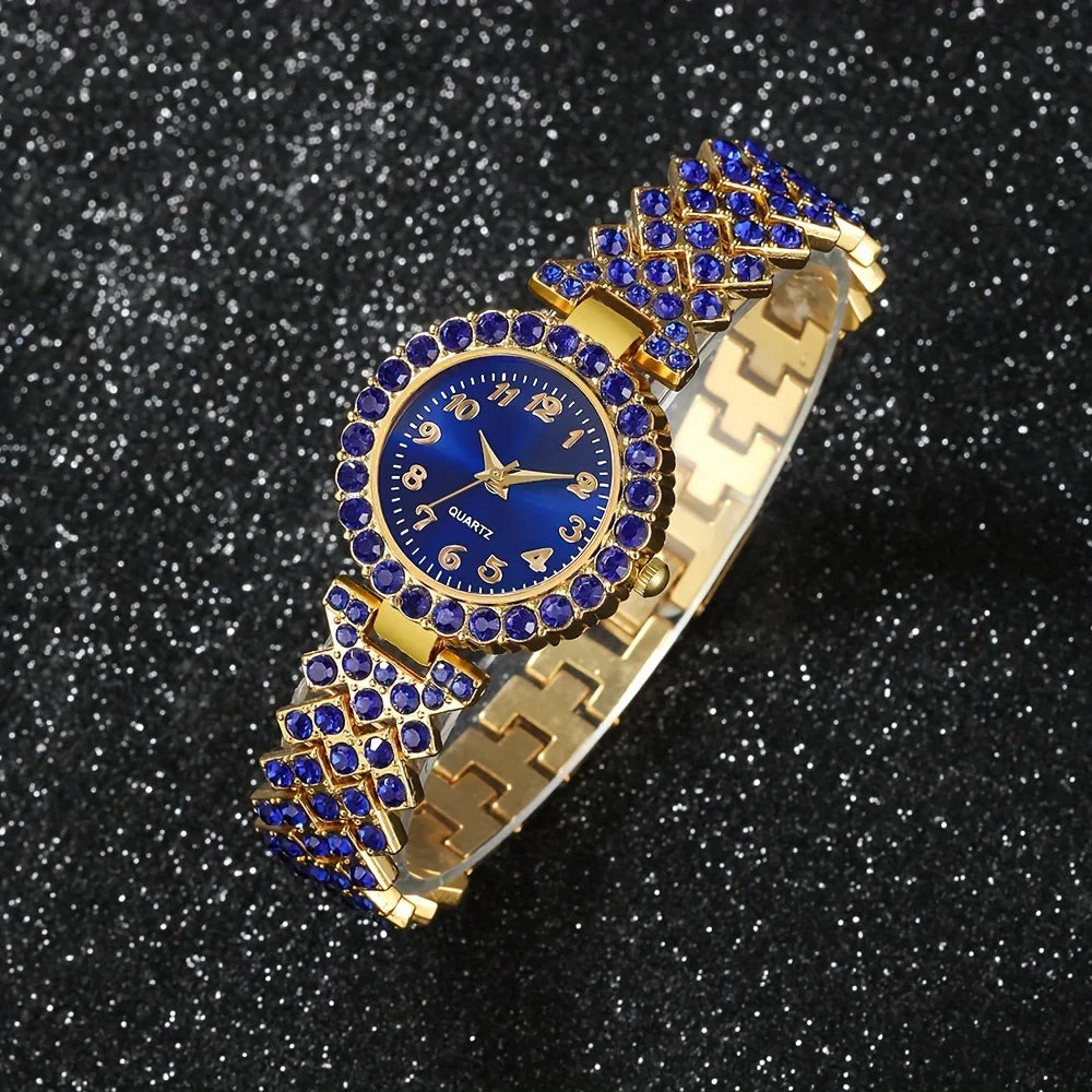 A fashionable women's quartz watch set, consisting of a 6pcs alloy round case timetable, earrings, necklace, and ring set,