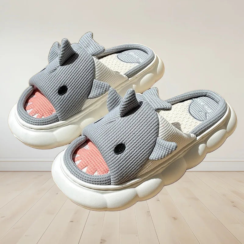 Four Seasons Women Shark Linen Slippers Men Cute Animal Sandals Adults Indoor Bedroom Cartoon Slides Couples Outdoor Flip Flops